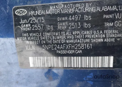 2015 Hyundai Sonata Se from USA, damaged, VIN 5NPE24AFXFH258161